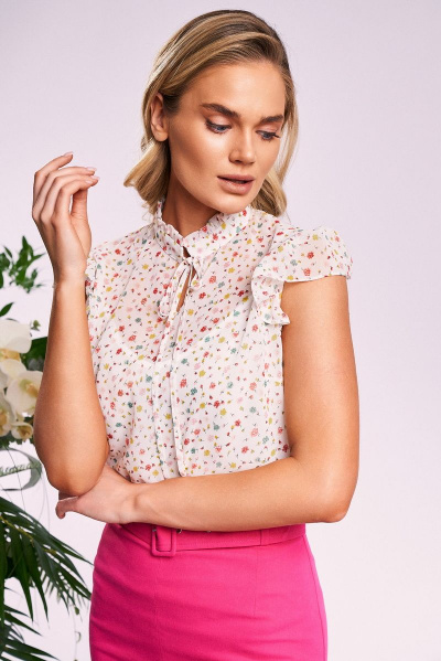 Многоцветная блуза с нагрудными вытачками и топ в комплекте KaVaRi 4006 молочный_принт-яркие_цветы - фото 5