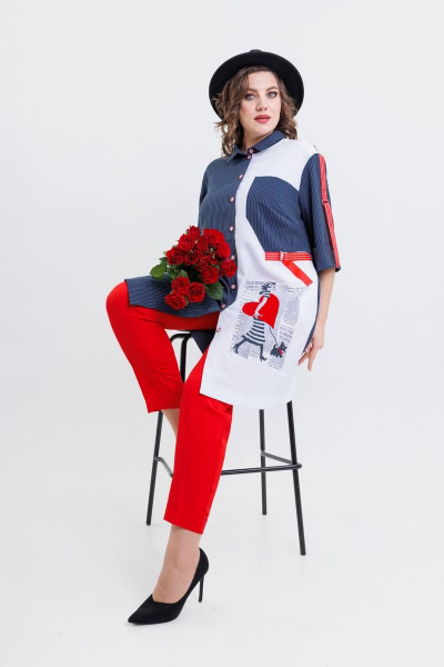 Костюм женский летний из текстиля с шазюблем и брюками на резинке SandyNa 13591 сине-красный - фото 8