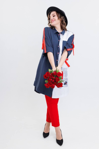 Костюм женский летний из текстиля с шазюблем и брюками на резинке SandyNa 13591 сине-красный - фото 7