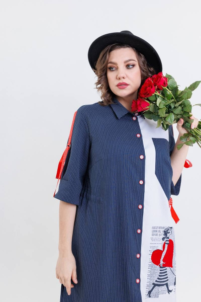 Костюм женский летний из текстиля с шазюблем и брюками на резинке SandyNa 13591 сине-красный - фото 6