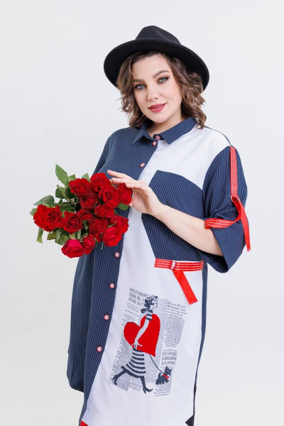 Костюм женский летний из текстиля с шазюблем и брюками на резинке SandyNa 13591 сине-красный - фото 5