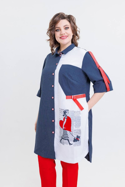 Костюм женский летний из текстиля с шазюблем и брюками на резинке SandyNa 13591 сине-красный - фото 3