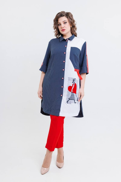 Костюм женский летний из текстиля с шазюблем и брюками на резинке SandyNa 13591 сине-красный - фото 2