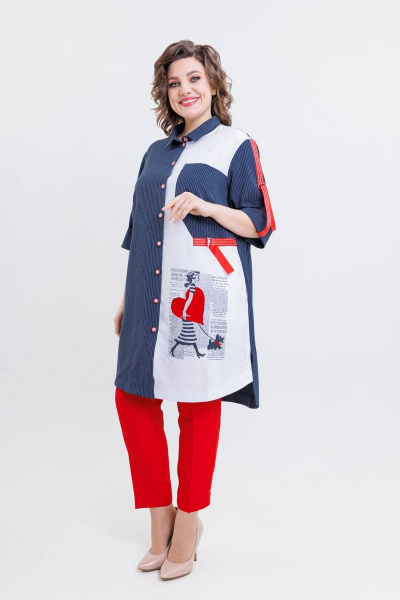 Костюм женский летний из текстиля с шазюблем и брюками на резинке SandyNa 13591 сине-красный - фото 1