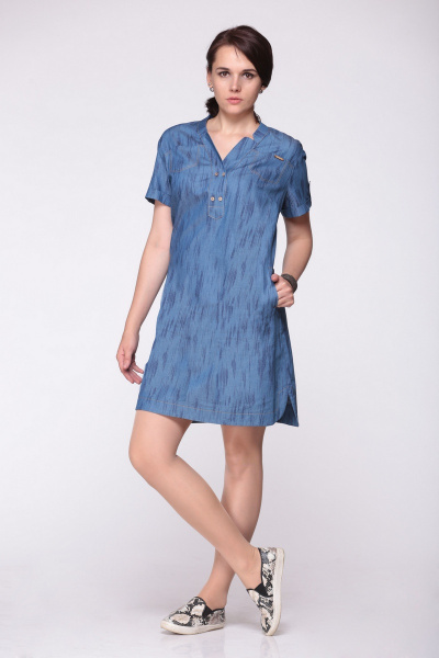 Джинсовое платье на кокетке из летнего текстиля Golden Valley 4269 синяя_полоска - фото 1