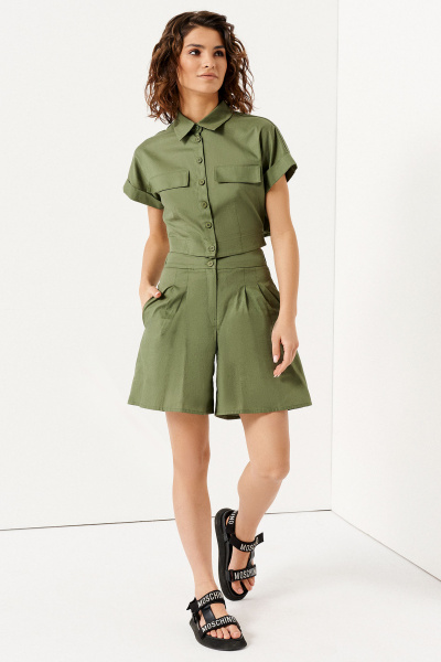 Летний костюм из хлопка брюки и жакет свободный стиль Панда 138520w хаки - фото 1