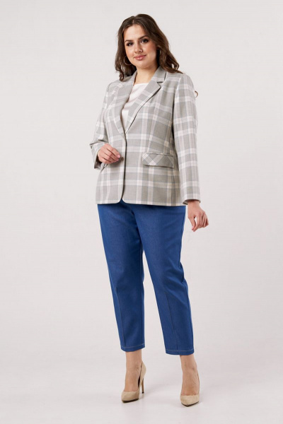 Двубортный костюм из жакета и брюк для делового образа Andina city 9011 клетка_беж+джинс - фото 1