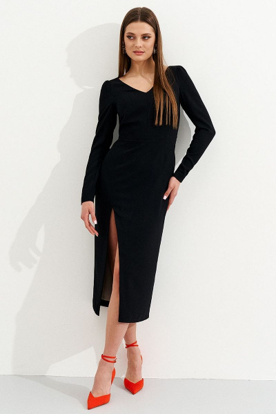 Черное платье-костюм из текстиля с разрезом и приталенным силуэтом Ketty К-03280 - фото 5