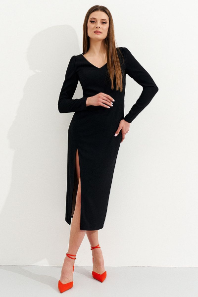 Черное платье-костюм из текстиля с разрезом и приталенным силуэтом Ketty К-03280 - фото 2