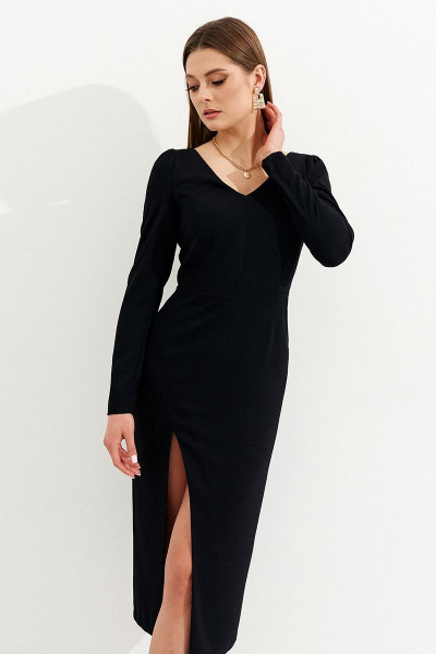 Черное платье-костюм из текстиля с разрезом и приталенным силуэтом Ketty К-03280 - фото 1