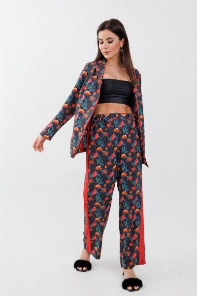 Пижама из вискозы с лампасами и принтом на каждый день Anelli 1251 маки - фото 1