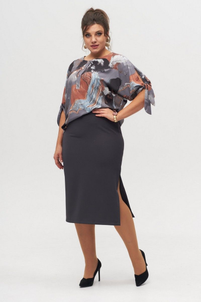 Карандашная юбка миди с разрезом и игривым элементом Anelli 1309 графит - фото 1
