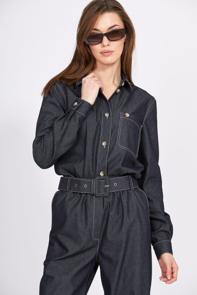 Блуза из джинса с накладным карманом и контрастной строчкой EOLA 2370 темно-синий - фото 10