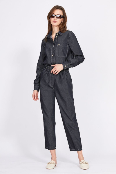 Блуза из джинса с накладным карманом и контрастной строчкой EOLA 2370 темно-синий - фото 3