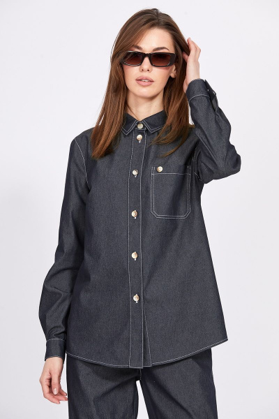 Блуза из джинса с накладным карманом и контрастной строчкой EOLA 2370 темно-синий - фото 2