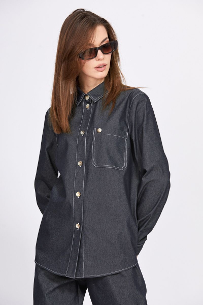 Блуза из джинса с накладным карманом и контрастной строчкой EOLA 2370 темно-синий - фото 1