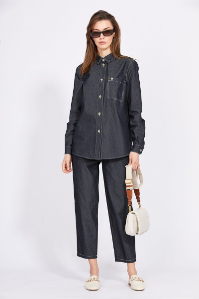 Блуза из джинса с накладным карманом и контрастной строчкой EOLA 2370 темно-синий - фото 5