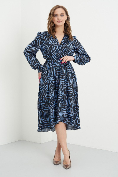 Платье с запахом и сборками из текстиля с поясом Fantazia Mod 4406 голубой - фото 2