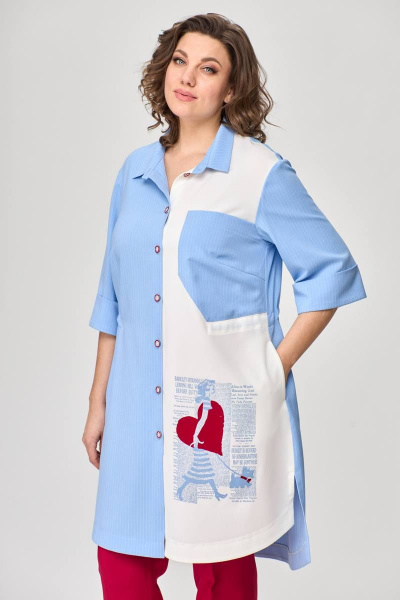 Тройка летний комплект с шазюблем и зауженными брюками SandyNa 13591 голубой+красный - фото 11