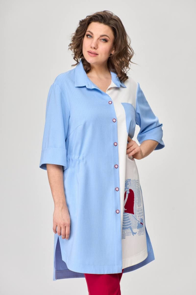 Тройка летний комплект с шазюблем и зауженными брюками SandyNa 13591 голубой+красный - фото 9