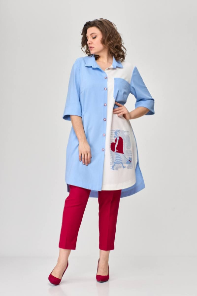 Тройка летний комплект с шазюблем и зауженными брюками SandyNa 13591 голубой+красный - фото 6