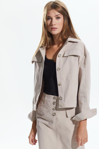 Бежевый костюм из текстиля с жакетом и юбкой на каждый день DAVA 163 светло-бежевый - фото 4