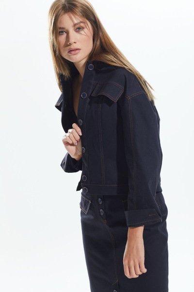 Синий костюм с жакетом и юбкой из хлопка и текстиля DAVA 163 темно-синий - фото 2