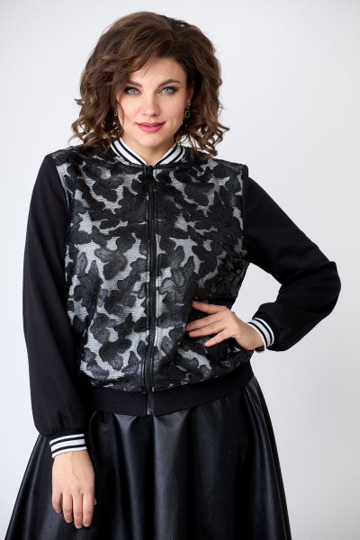 Черный джемпер-бомбер из гипюра и ткани с молнией Solomeya Lux 946C - фото 1