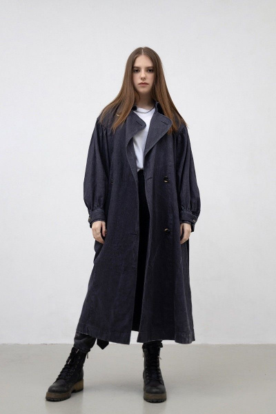 Леновый плащ длиной ниже колена с поясом и прорезными карманами Individual design 20109 графитовый - фото 1