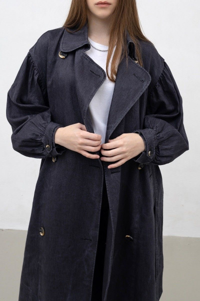 Леновый плащ длиной ниже колена с поясом и прорезными карманами Individual design 20109 графитовый - фото 3