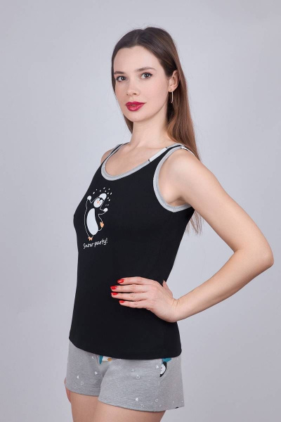 Черная домашняя пижама майка и короткие шорты из хлопка Verally 396-2 пингвины - фото 3