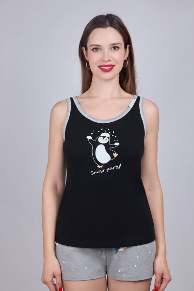 Черная домашняя пижама майка и короткие шорты из хлопка Verally 396-2 пингвины - фото 1