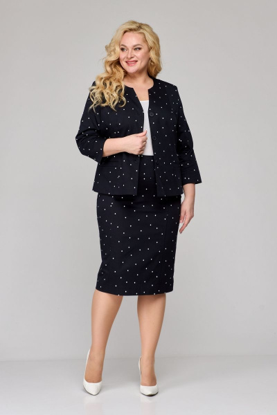 Деловой комплект жакет и юбка из хлопка БелЭльСтиль 723-2 54 22+536-2 53 22 черно-синий горох - фото 4