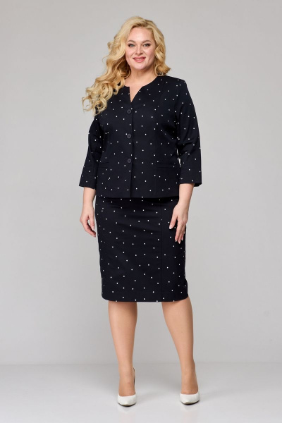Деловой комплект жакет и юбка из хлопка БелЭльСтиль 723-2 54 22+536-2 53 22 черно-синий горох - фото 1