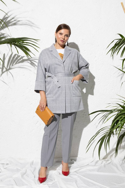 Серый клетчатый жакет пиджачного типа с поясом Femme & Devur 71059 1.50BF(170) - фото 2