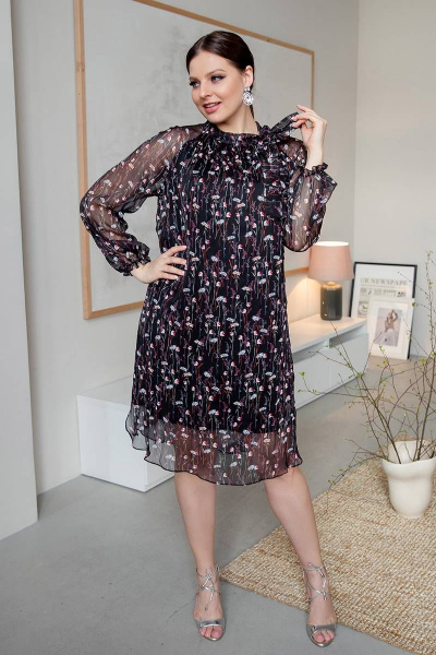 Платье прямого силуэта с сборками и воротником-стойкой ASV 2172 черный - фото 5