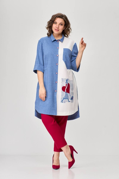 Летний комплект из шазюбля и зауженных брюк SandyNa 13591 джинс+красный - фото 4