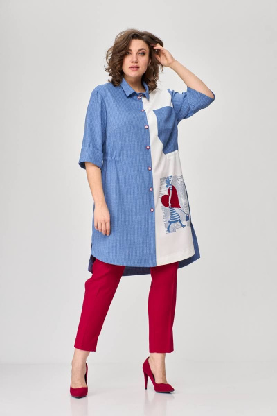 Летний комплект из шазюбля и зауженных брюк SandyNa 13591 джинс+красный - фото 1