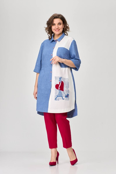 Летний комплект из шазюбля и зауженных брюк SandyNa 13591 джинс+красный - фото 2