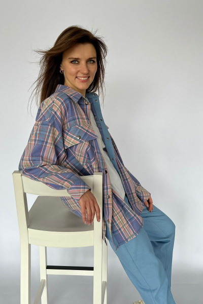 Клетчатая хлопковая блузка-рубашка с карманами и разрезами i3i Fashion 202/2 голубая_клетка - фото 4