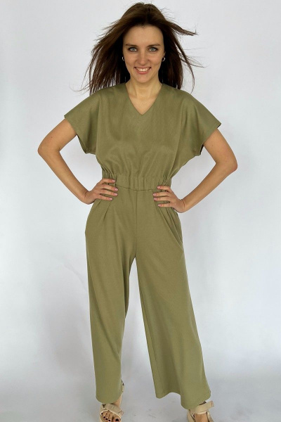 Зеленый комбинезон из текстиля с резинкой по талии i3i Fashion 800/2 оливка - фото 1