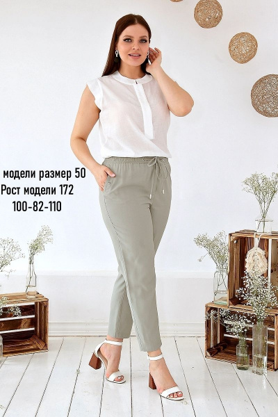 Летние зауженные брюки из вискозы с имитацией застежки IUKONA 1895 оливковый - фото 6