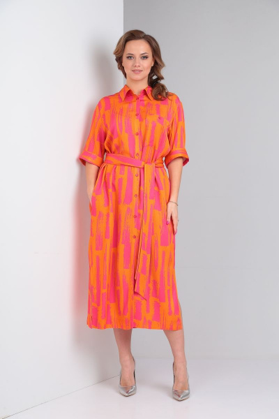 Платье-рубашка из вискозы с поясом и бантовым рукавом Andrea Fashion 2 оранж - фото 8