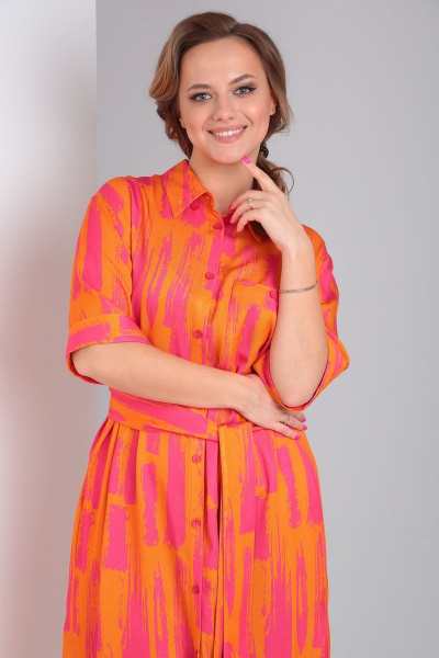 Платье-рубашка из вискозы с поясом и бантовым рукавом Andrea Fashion 2 оранж - фото 6