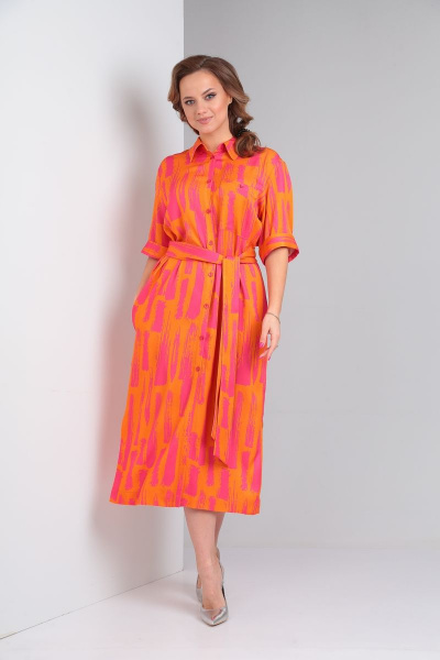 Платье-рубашка из вискозы с поясом и бантовым рукавом Andrea Fashion 2 оранж - фото 5