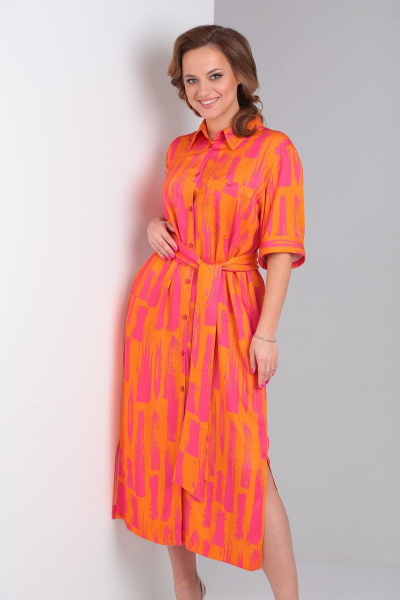 Платье-рубашка из вискозы с поясом и бантовым рукавом Andrea Fashion 2 оранж - фото 1