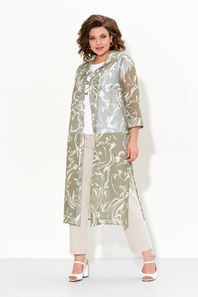 Летний женский костюм из шифона, футболка, рубашка и брюки IVA 1473 хаки - фото 1