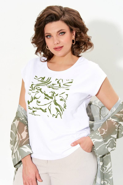 Летний женский костюм из шифона, футболка, рубашка и брюки IVA 1473 хаки - фото 6