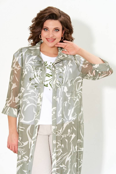 Летний женский костюм из шифона, футболка, рубашка и брюки IVA 1473 хаки - фото 4