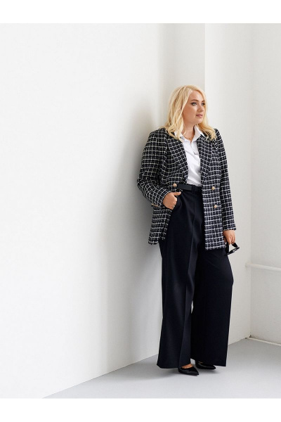 Длинный твидовый жакет в клетку с прорезными карманами Ketty К-00830 черный - фото 2